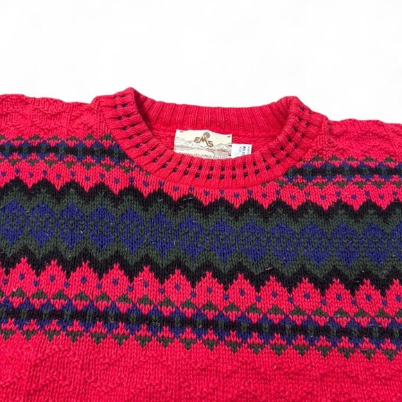 Vintage Eastern Mountain Sports EMS fair isle heavy sweater red L mens made USA - Picture 2 of 7